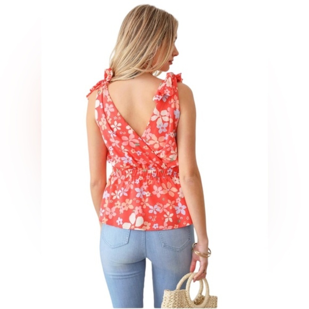GILLI Floral Shoulder Ribbon Ties Smocked Waist Ruffle Top S - Picture 3 of 6